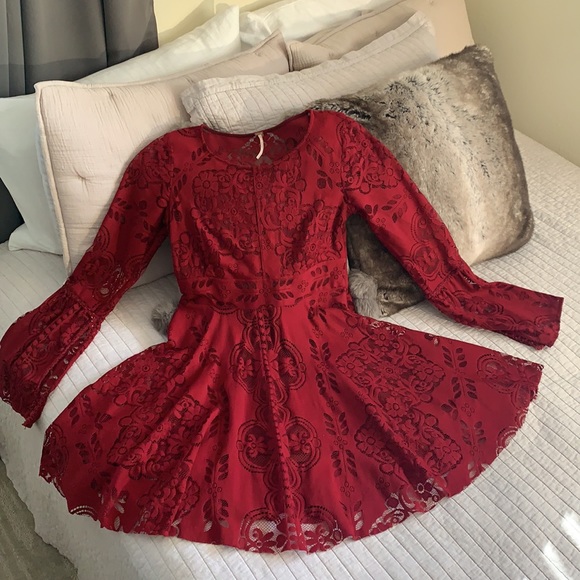 Free People Lovers Folk Song Dress burgundy sheer lace mini size 8 - Picture 3 of 16